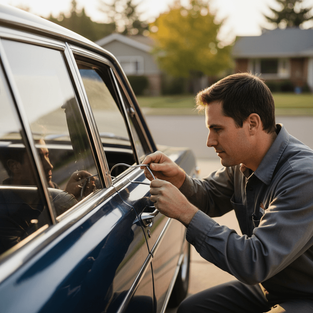 Automotive locksmith unlocking vehicle door