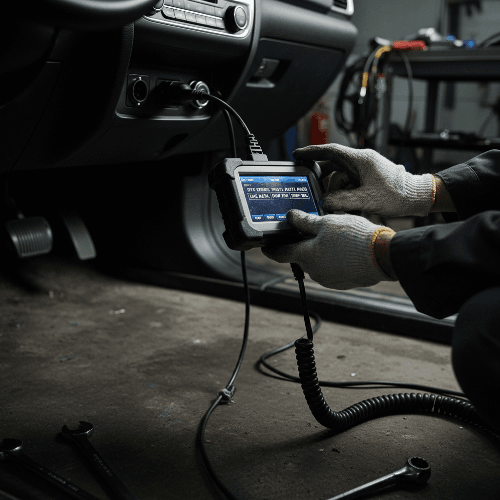 Diagnostic scanning tool reading vehicle trouble codes