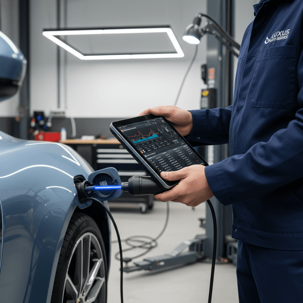 Technician performing diagnostic scanning on vehicle electronics