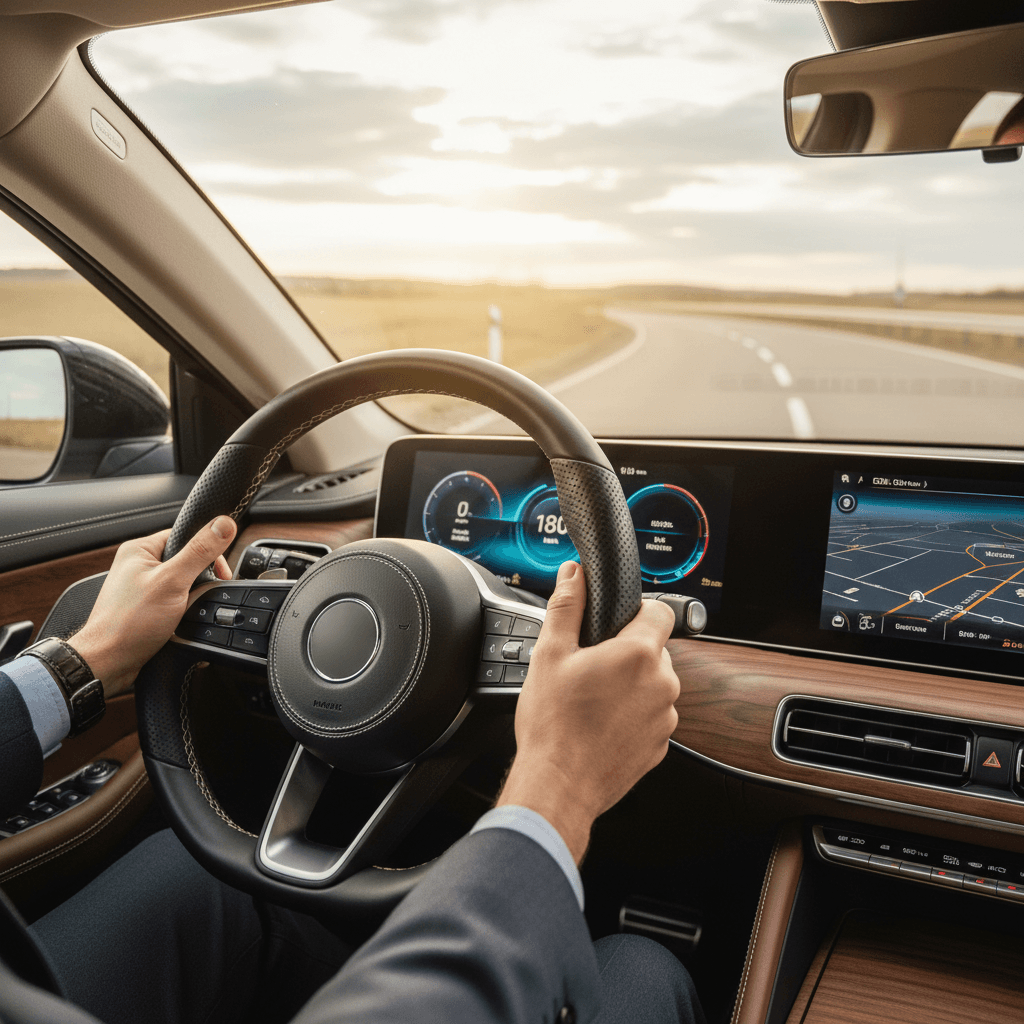 Modern vehicle interior showing advanced automotive electronics and security systems