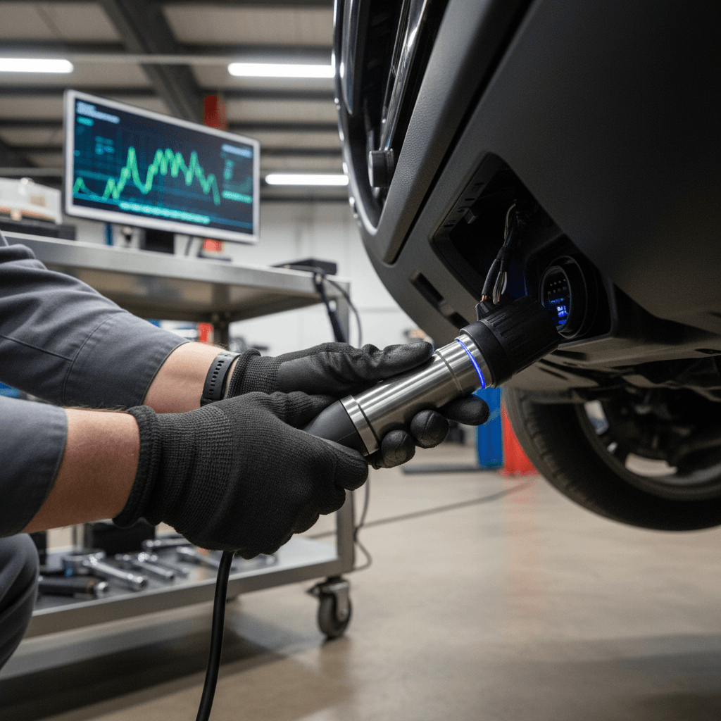 Technician performing diagnostic scanning on vehicle with OBD-II reader